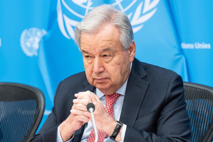 July 14, 2025, New York, New York, United States: Secretary-General Antonio Guterres attends press briefing on the launching of the Sustainable Development Goals Report 2025 at UN Headquarters.