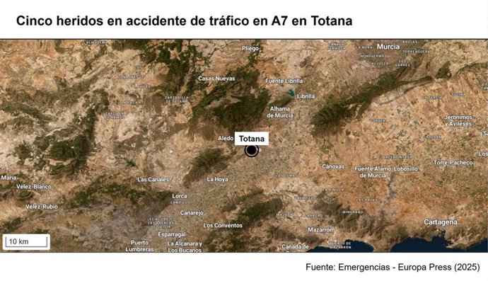 Cinco heridos en un accidente de tráfico entre un vehículo y una grúa en la A7 a su paso por Totana