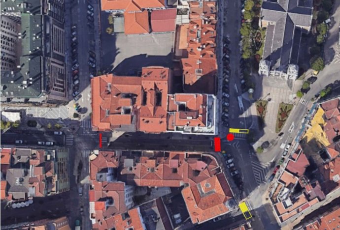 En rojo se indica el tramo de la calle José Cueto que quedará cortado al tráfico del 29 al 31
De julio. En amarillo, los dos puntos donde, a partir del 31 de julio, podrían producirse cortes
O afectaciones puntuales al tráfico.