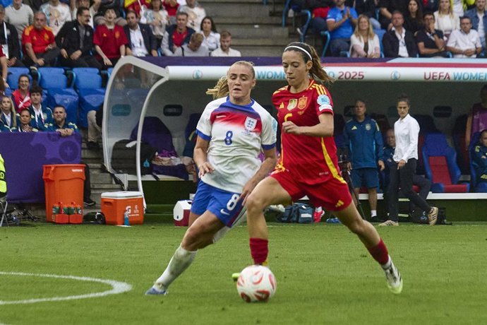 Aitana Bonmati of Spain and Georgia Stanway of Enland in action during the UEFA Women's EURO 2025 Final match played between England and Spain at St. Jakob-Park on July 27, 2025 in Basel, Switzerland.