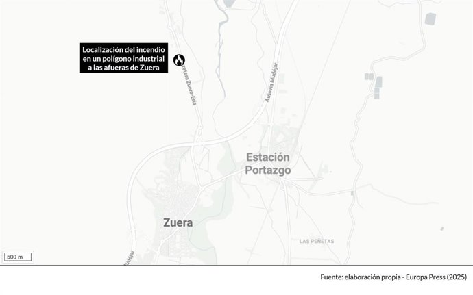 Mapa con localización del suceso. El incendio declarado durante la madrugada de este lunes en la empresa química Unión Derivan, ubicada en el polígono El Campillo, en el término municipal de Zuera (Zaragoza), ha obligado a activar la fase de emergencia ni