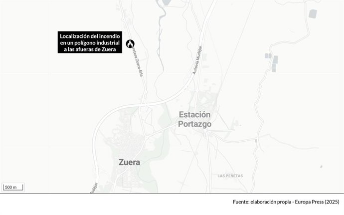 Mapa mostrando o local do incidente. O incêndio que ocorreu nas primeiras horas da manhã de segunda-feira na empresa química Unión Derivan, localizada na zona industrial de El Campillo, no município de Zuera (Zaragoza), forçou a ativação da fase de emergê