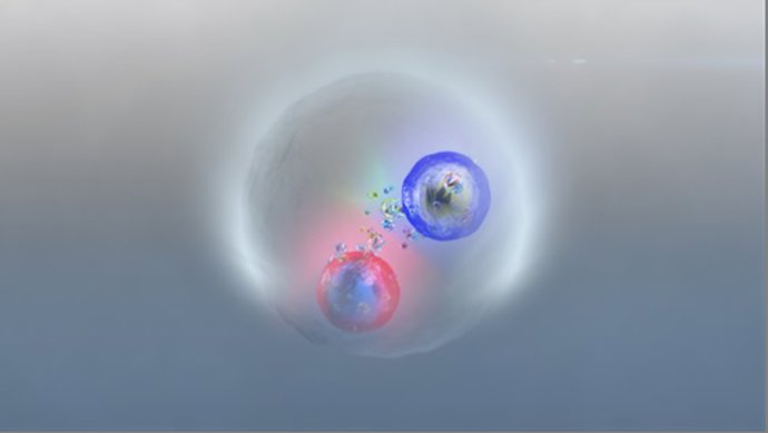 Recreació artística de la interacció d'un quark top i el seu antiquark top. /