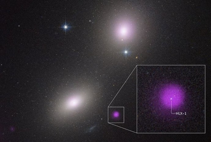 Imagen del Telescopio Espacial Hubble de dos galaxias: NGC 6099 (abajo a la izquierda) y NGC 6098 (arriba a la derecha). La mancha púrpura representa la emisión de rayos X de un cúmulo estelar compacto. Los rayos X son de un IMBH desgarrando una estrella