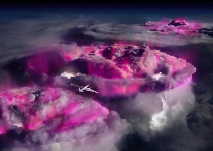 En esta impresión artística, un avión espía de la NASA que vuela a gran altitud lleva instrumentación para registrar destellos de rayos gamma terrestres de color púrpura en las nubes de tormenta.