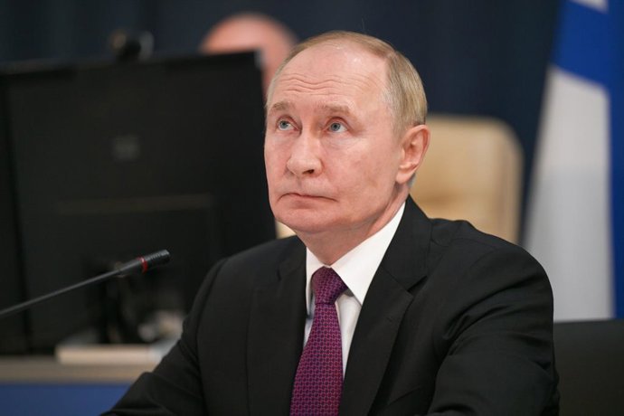 RUSSIA, ST PETERSBURG - JULY 27, 2025: Russia's President Vladimir Putin addresses participants in the July Storm exercises at the Admiralty Building during a working trip to St Petersburg on Russian Navy Day