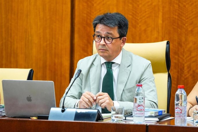 El parlamentario andaluz del PP por Almería, Manuel Guzmán, durante su intervención en la Comisión de Sostenibilidad y Medio Ambiente del Parlamento de Andalucía.