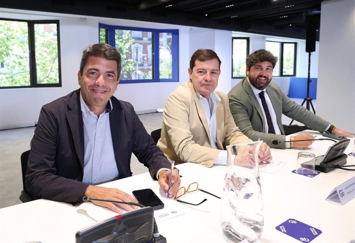 El presidente de la Comunidad Valenciana, Carlos Mazón, el presidente de la junta de Castilla y León, Alfonso Fernández Mañueco, y el presidente de la Región de Murcia, Fernando López Miras, durante la reunión del Comité Ejecutivo Nacional del partido