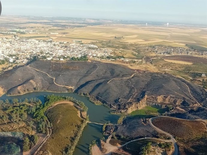 Vista aérea del incendio declarado en Aznalcóllar.