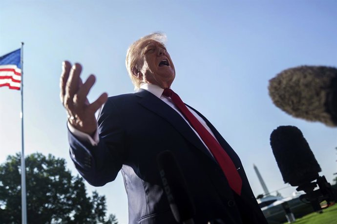 July 25, 2025, Washington, District Of Columbia, USA: United States President Donald J Trump speaks to the media prior to leaving the White House in Washington, DC, USA, 25 July 2025. President Trump is due to visit Scotland for a 4 day visit where he is 