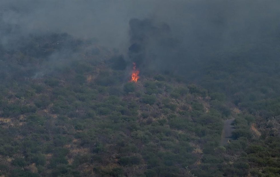Medios aéreos trabajan en la extinción del fuego, a 28 de julio de 2025, en El Tanque, Tenerife, Canarias (España). Efectivos terrestres y un total de ocho medios aéreos trabajan en el conato de incendio declarado este lunes, 28 de julio, en la zona de 