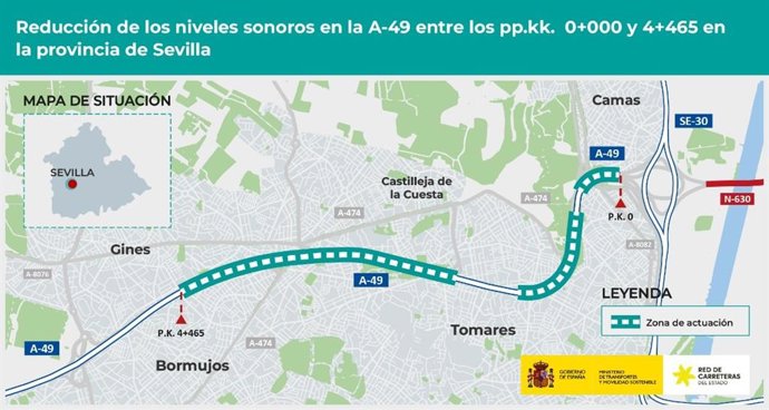 Plano de las obras que se llevarán a cabo en la A-49 para la reducción de ruido.