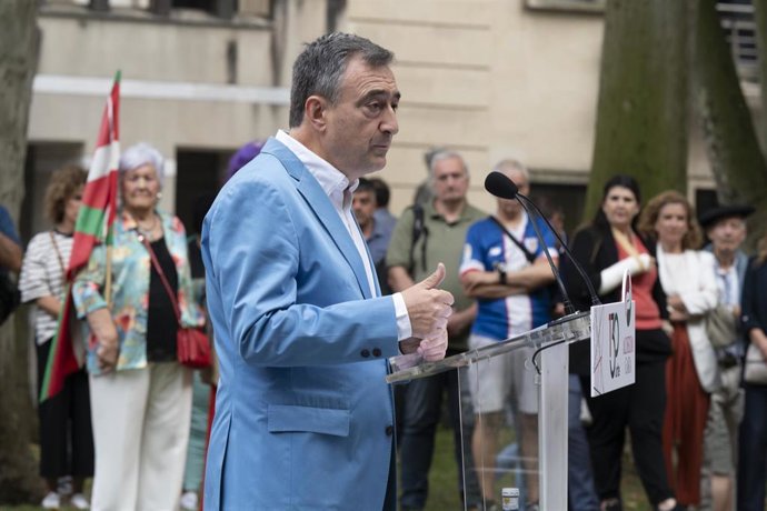 El presidente del EBB del PNV, Aitor Esteban, durante su intervención en la celebración del 130 aniversario de la fundación de EAJ-PNV, a 28 de julio de 2025, en Bilbao (Bizkaia)