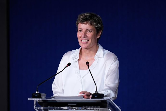 Elisa Aguilar, President of FEB, attends during the official presentation of the Spanish Men's Basketball National Team for Eurobasket at Endesa Headquarters on July 29, 2025, in Madrid, Spain.