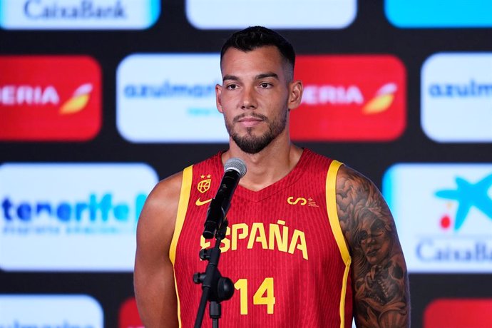 Willy Hernangomez of Spain attends a interview during the official presentation of the Spanish Men's Basketball National Team for Eurobasket at Endesa Headquarters on July 29, 2025, in Madrid, Spain.