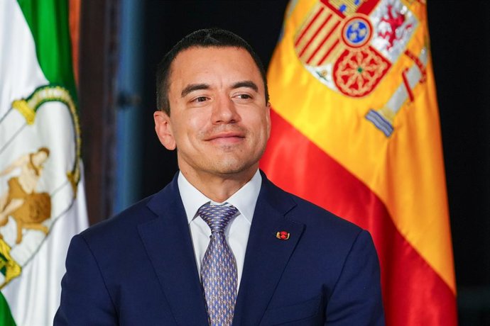El presidente de Ecuador, Daniel Noboa  durante la reunión mantenida el día de hoy. A 29 de junio de 2025 en Sevilla, Andalucía (España). El presidente de la Junta de Andalucía, Juanma Moreno, ha mantenido un encuentro institucional en el Palacio de San T