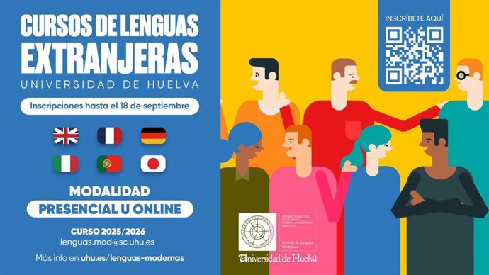 Cartel de la oferta de cursos del Servicio de Lenguas Modernas de la Universidad de Huelva.