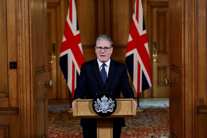 29 July 2025, United Kingdom, London: UK Prime Minister Keir Starmer delivers a statement in Downing Street, following a Cabinet meeting to discuss the situation in Gaza. The UK will recognise the state of Palestine in September before the UN General Asse