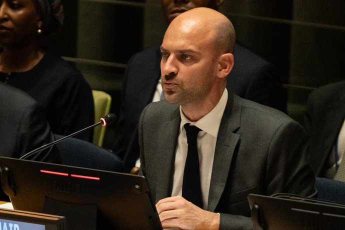 28 de julho de 2025, Nova York, Nova York, Estados Unidos: Jean-Noel Barrot, Ministro da Europa e das Relações Exteriores da França, discursa durante a Conferência Internacional de Alto Nível para a Solução Pacífica da Questão da Palestina e a Implementaç
