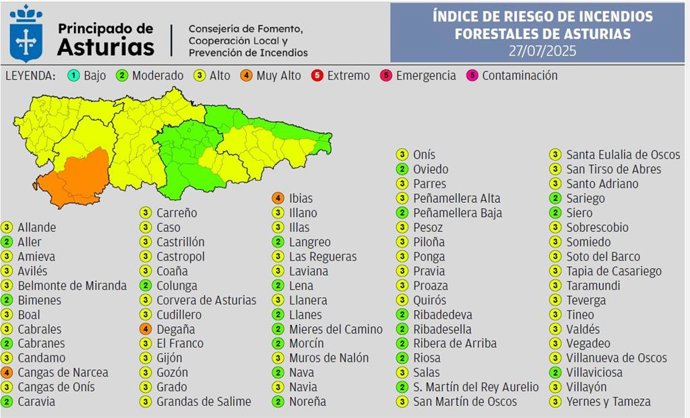 Mapa de índice de riesgo de incendios forestales de Asturias  mañana, 30 de julio.