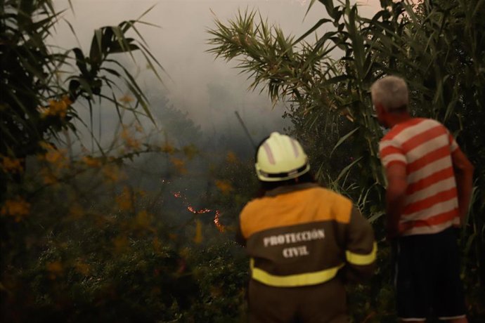 Dos personas observan el fuego, a 29 de julio de 2025, en Arbo, Pontevedra, Galicia.