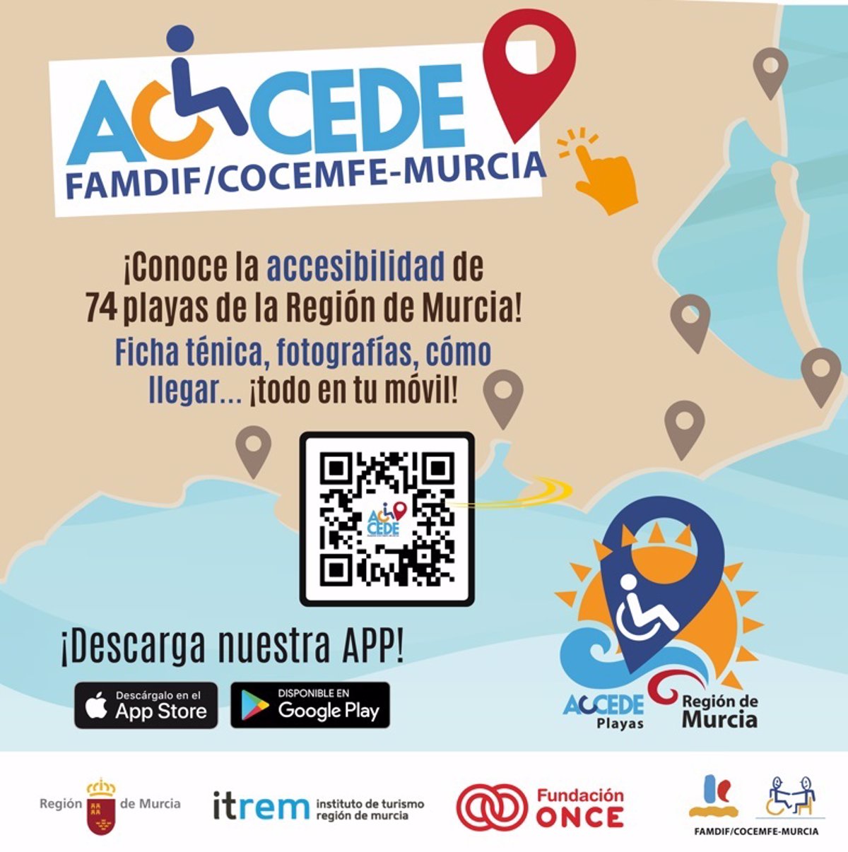 Famdif actualiza Accede, la app que detalla la accesibilidad de 74 playas de la Región de Murcia