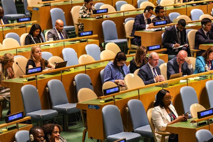 Imagem de arquivo da Assembleia Geral da ONU durante a conferência com o objetivo de revitalizar os esforços para uma solução de dois Estados no Oriente Médio.