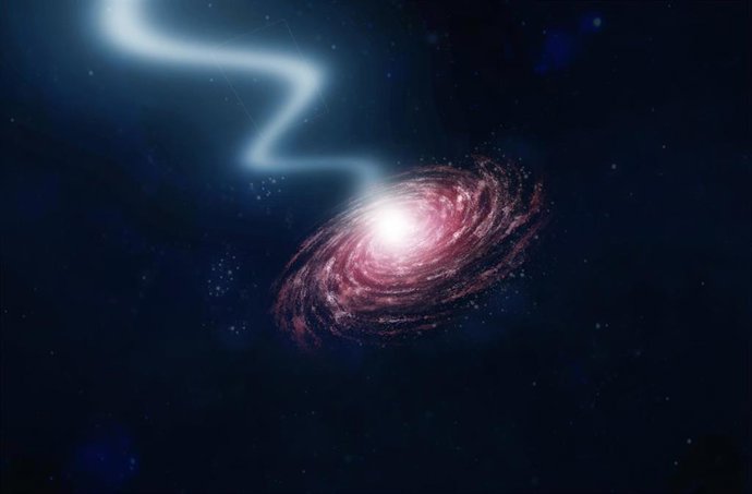 Representación artística del chorro de la galaxia activa OJ 287. Juan Carlos Algaba, Universiti Malaya