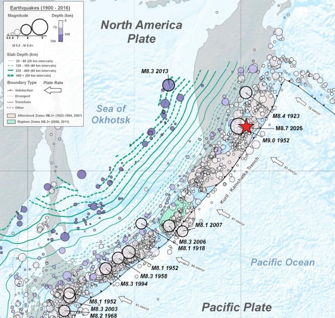 Registro de terremotos na área de Kamchatka