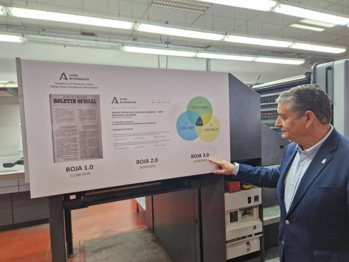 El consejero de la Presidencia, Interior, Diálogo Social y Simplificación Administrativa, Antonio Sanz, muestra el primer BOJA complementario que se ha publicado este miércoles