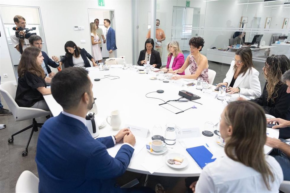 La ministra de Inclusión, Seguridad Social y Migraciones, Elma Saiz (3d), durante un encuentro con representantes de las principales plataformas digitales, en el Ministerio de Inclusión, Seguridad Social y Migraciones, a 30 de julio de 2025, en Madrid (