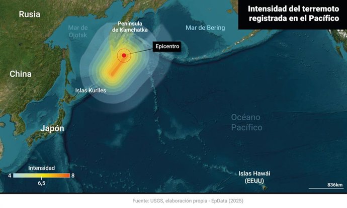Mapa amb localització de l'epicentre del terratremol de magnitut 8,8 en l'escala Richter 