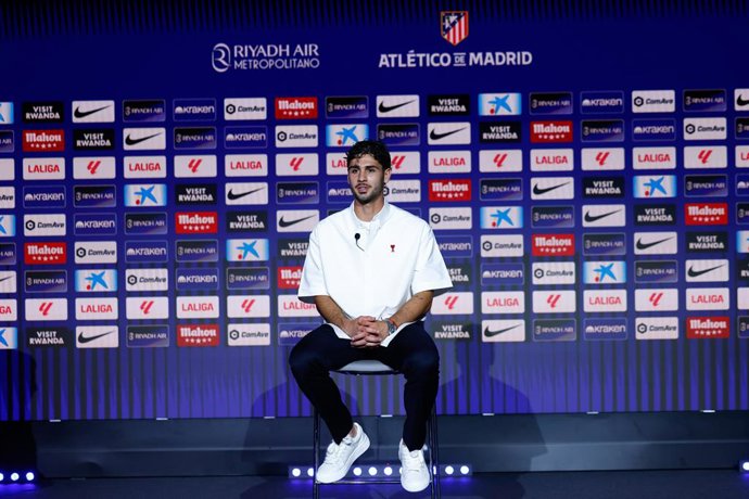 Johnny Cardoso attends during his presentation as a new player of Atletico de Madrid at Riyadh Air Metropolitano stadium on July 30, 2025, in Madrid, Spain.