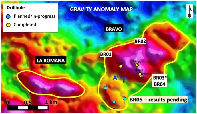 Figure 1 - Gravity anomaly map showing La Romana and the Bravo target, and Bravo drillhole locations (CNW Group/Pan Global Resources Inc.)