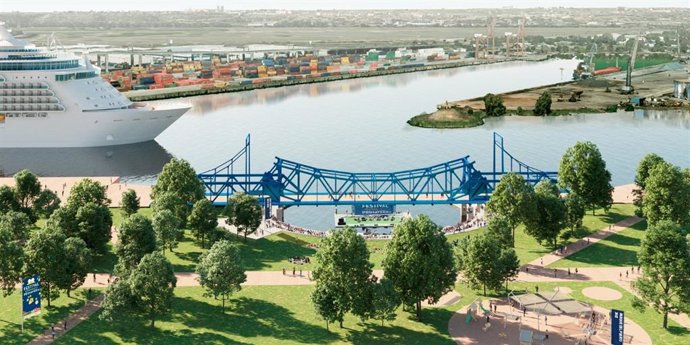 Recreación del Puente de Hierro convertido en anfiteatro al aire libre en su ubicación actual, dentro del futuro distrito urbano.