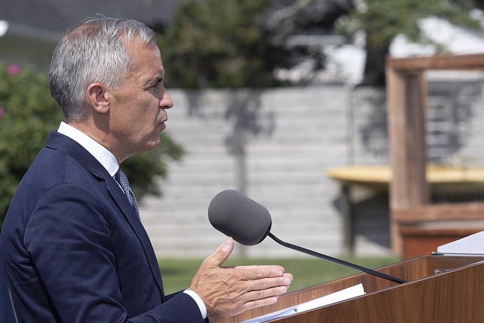 July 28, 2025, Albany, Pe, Canada: Prime Minister Mark Carney speaks in Albany, P.E.I., Monday July 28, 2025. Carney said that tolls on Prince Edward Island's Confederation Bridge are being dropped sharply starting Aug. 1, along with several other Atlanti