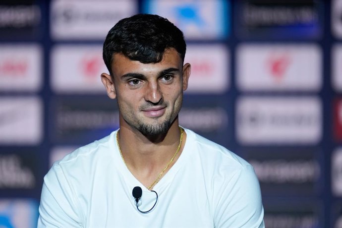 Marc Pubill attends during his presentation as a new player of Atletico de Madrid at Riyadh Air Metropolitano stadium on July 31, 2025, in Madrid, Spain.