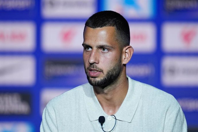 David Hancko attends during his presentation as a new player of Atletico de Madrid at Riyadh Air Metropolitano stadium on July 31, 2025, in Madrid, Spain.