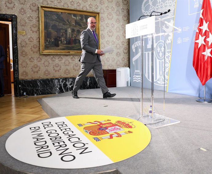 El delegado del Gobierno en la Comunidad de Madrid, Francisco Martín, durante una rueda de prensa, en la Delegación del Gobierno en Madrid, a 30 de julio de 2025, en Madrid (España).