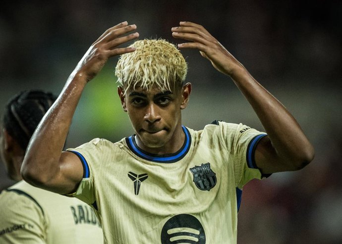 Lamine Yamal celebra uno de sus goles en la victoria del Barça contra el FC Seoul (3-7) en el amistoso de la gira asiática 2025
