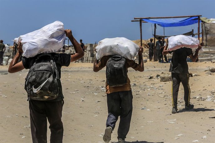31 July 2025, Palestinian Territories, Rafah: Palestinians carry sacks of flour after humanitarian aid supplies were airdropped by Qatari airplane over the Gaza Strip. Humanitarian aid was dropped into the Gaza Strip from the air for the fifth consecutive
