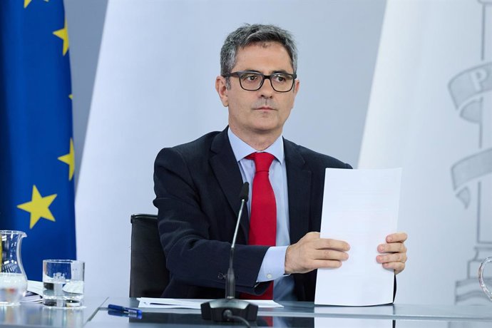 El ministro de la Presidencia, Félix Bolaños, durante una rueda de prensa tras el Consejo de Ministros, en el Palacio de la Moncloa, a 22 de julio de 2025, en Madrid (España). El Consejo de Ministros aprobará este martes 22 de julio una nueva declaración 