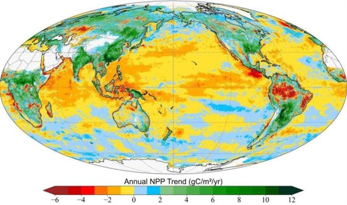 La imagen de arriba ilustra la tendencia anual de la producción primaria neta (PPN) global —o ganancia neta de carbono de los organismos fotosintéticos en la Tierra— de 2003 a 2021.