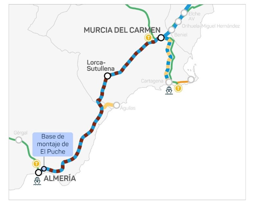 Mapa del trazado de la Línea de Alta Velocidad Murcia-Almería.