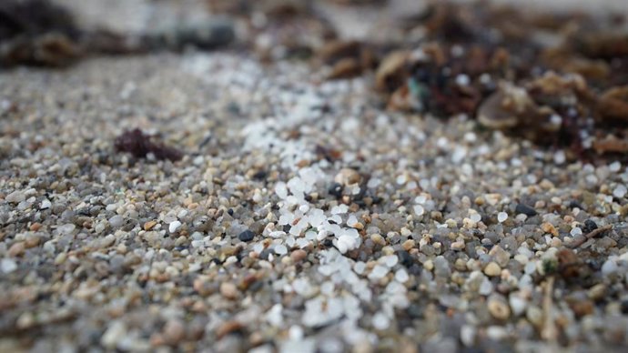 Archivo - Pellets de plástico en la playa.