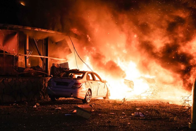 July 31, 2025, Kyiv, Ukraine: Fire burns in a residential neighborhood following an airstrike