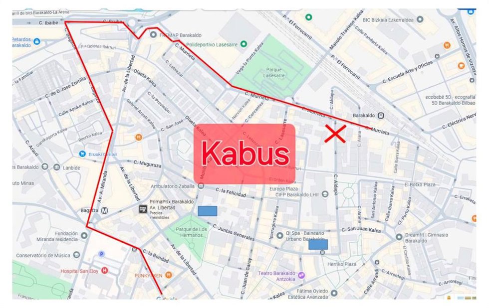 Mapa de afecciones de la línea de KBus en Barakaldo.