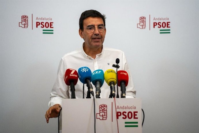 El portavoz de Presidencia del PSOE-A en el Parlamento andaluz, Mario Jiménez, en rueda de prensa en Córdoba.