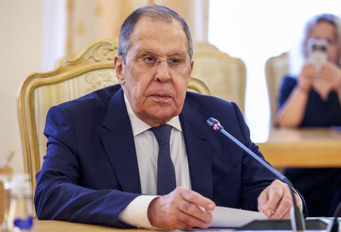 RUSSIA, MOSCOW - JULY 31, 2025: Russia's Foreign Minister Sergei Lavrov looks on during a meeting with Syria's Minister of Foreign Affairs and Expatriates Asaad al-Shaibani at the Russian Foreign Ministry Reception House