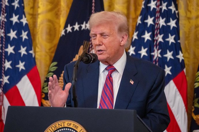 18 July 2025, US, Washington: US President Donald Trump speaks during the signing of the GENIUS Act in the East Room of the White House. The bill, which regulates stablecoins, marks a significant victory for the digital asset industry. Photo: Andrew Leyde